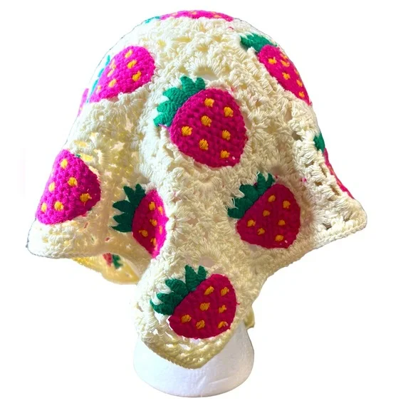 Sunday State Crochet Strawberry Headscarf Bonnet Kerchief Bandana NWT - Picture 2 of 5